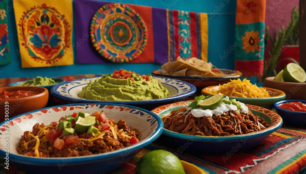 A vibrant colorful background adorned with traditional Mexican tableware like Talavera plates, clay pots, and colorful