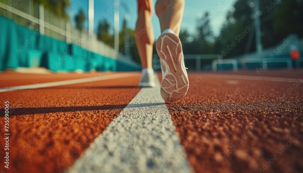 Fototapeta premium Athlete running on racetrack at stadium. Close up of athlete legs. Generative AI.
