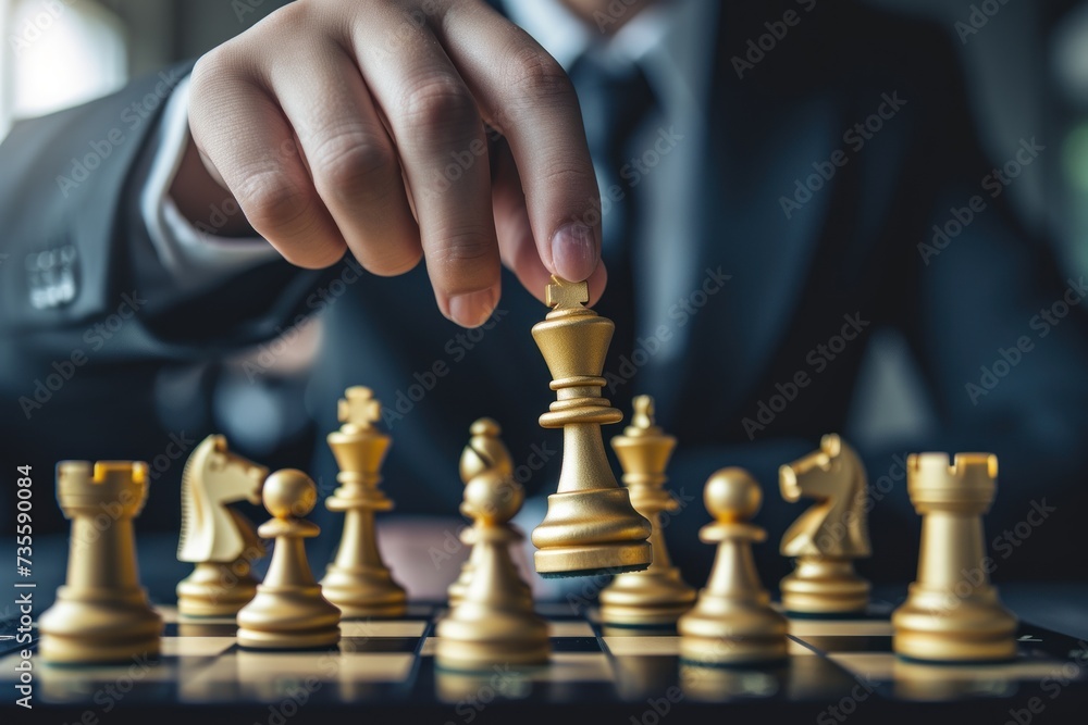 Man in business suit move chess figure on chessboard. Business strategy concept. Generative AI.
