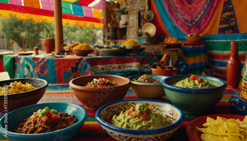 A vibrant colorful background adorned with traditional Mexican tableware like Talavera plates, clay pots, and colorful © mdaktaruzzaman