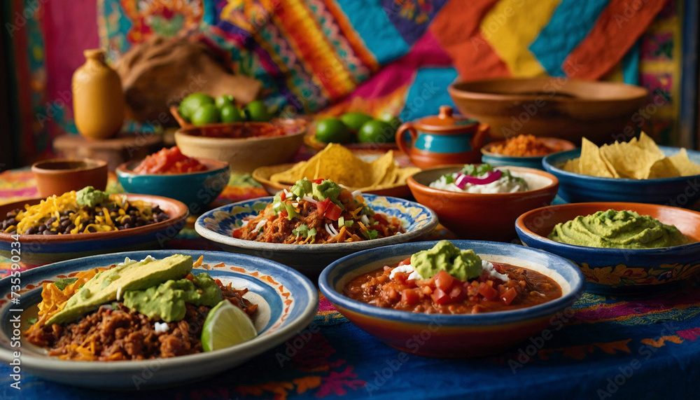 A vibrant colorful background adorned with traditional Mexican tableware like Talavera plates, clay pots, and colorful