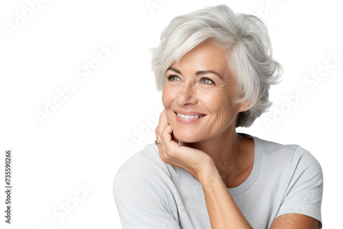 Happy middle aged woman, senior older 50 year lady looking at camera touching her face isolated on white close up face portrait