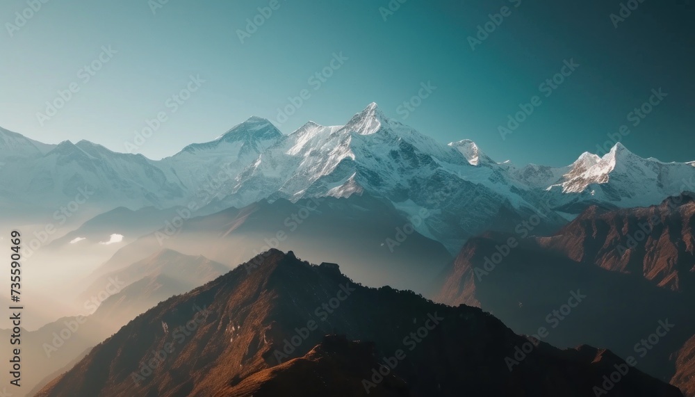 Magnificent snow-capped mountains, dreamy scenery, white and dark brown. Generative AI.