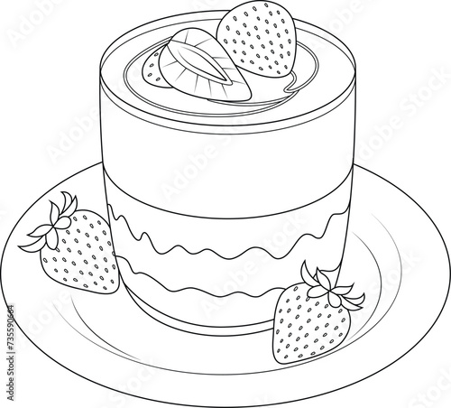 Strawberry panna cotta coloring page. Food and drink clouring book