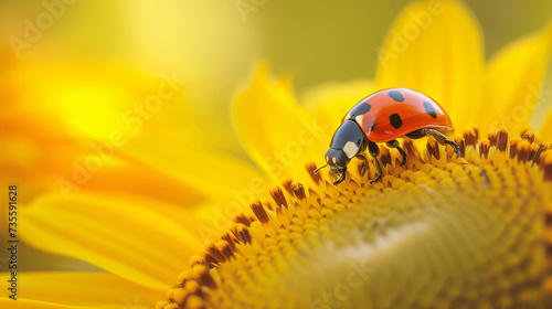 Ladybug on a Sunflower Petal in Golden Light