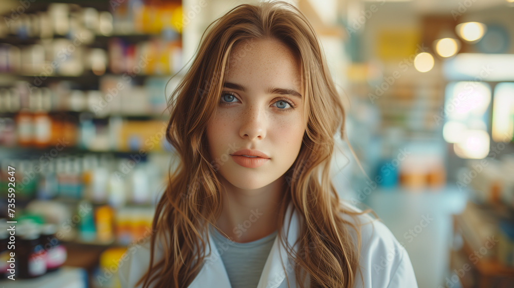 Portrait of confident female pharmacist in the drugstore looking at camera. attractive young female pharmacist working in a pharmacy
