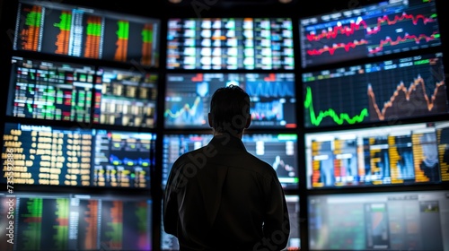 Man in Front of Multiple Screens Displaying Stock Prices and Financial Data 