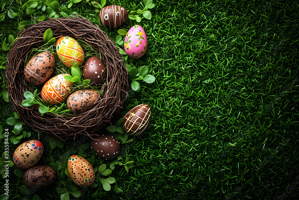 Colorful Easter chocolate eggs in nest and candies in green grass. Easter hunt concept. Spring background for design greeting card, banner, poster, flyer. Flat lay, top view with copy space Colorful Easter chocolate eggs in nest and candies in green grass. Easter hunt concept. Spring background for design greeting card, banner, poster, flyer. Flat lay, top view with copy space
