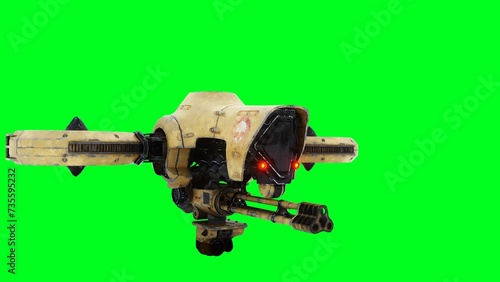 Flying military, war droid, bot with gun. Green screen. 3d rendering.