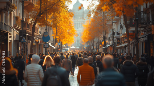 blurred crow of people in the city at autumn