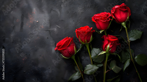Dark Red roses on black background, web banner. Mourning moody flowers card. Funeral symbol of grief. Mood and Condolence card concept, Generative Ai