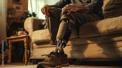 Man with a disability on sofa putting on leg prosthesis. Disability lifestyle at home.