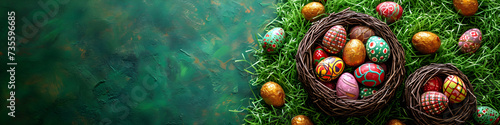 Colorful Easter chocolate eggs in nest and candies in green grass. Easter hunt concept. Spring background for design greeting card, banner, poster, flyer. Flat lay, top view with copy space photo
