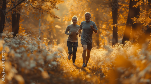 Retirement, couple, and running fitness health for body and heart wellness with natural aging. Married, mature, and senior people enjoy nature forrest