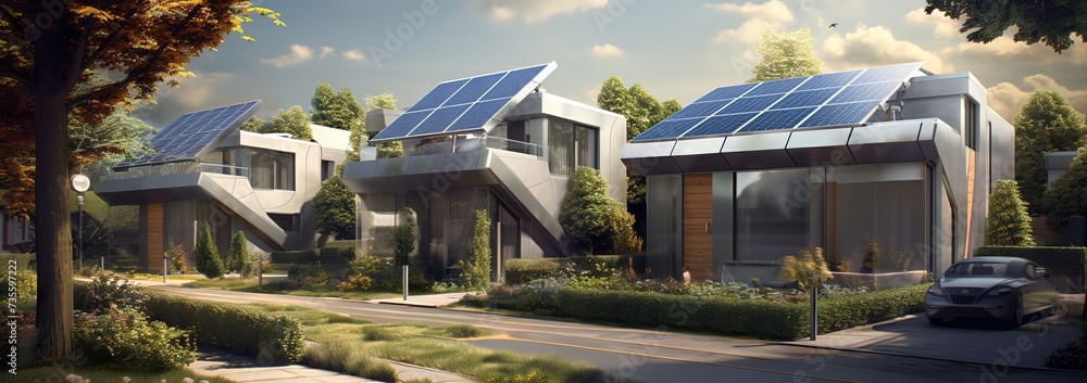 housing ideas with solar panels on the roof of the house. with a renewable solar cell system. ecology and green energy, green city, save protection world concept