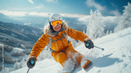 handsome senior woman skiing in the mountains. gracefully glides down a snow-covered mountain slope, embracing the thrill of skiing, smiling. Travel Alps, ski vacation, senior woman skiing in winter 
