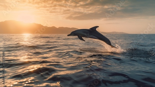 Vibrant Sunset with Graceful Dolphin Leaping Out of Water © AnimalAI