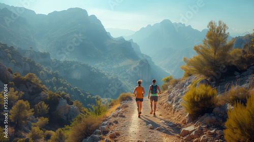 Young people trail running on a mountain path. Two runners working out in the morning at sunrise in nature at the mountains photo