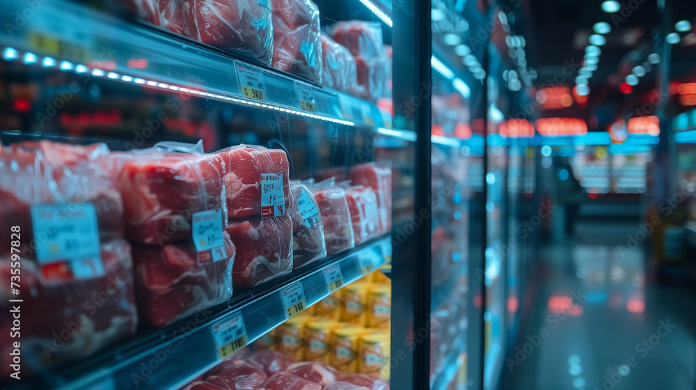 close up of a supermarket shelf with meat, Fully loaded shelves with meat in a supermarket,eat less meat footprint concept close up of a supermarket shelf with meat, Fully loaded shelves with meat in a supermarket,eat less meat footprint concept