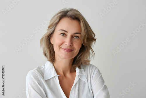 Portrait of happy mid 40s woman wear white sweeter looks in camera isolated on white background