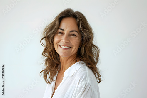 Portrait of happy mid 40s woman wear white sweeter looks in camera isolated on white background