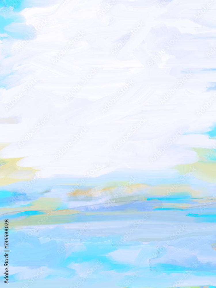 Impressionistic Cloudscape or Landscape in Lavender, Teal, Aqua, Blue & Yellow - Art, Artwork, Digital Painting, Illustration or Design