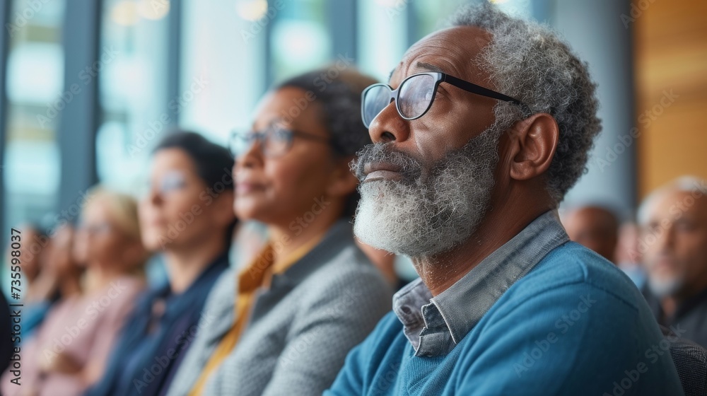A diverse group of retirees sit attentively in a brightly lit room listening intently as a financial expert speaks about retirement planning. - obrazy, fototapety, plakaty 