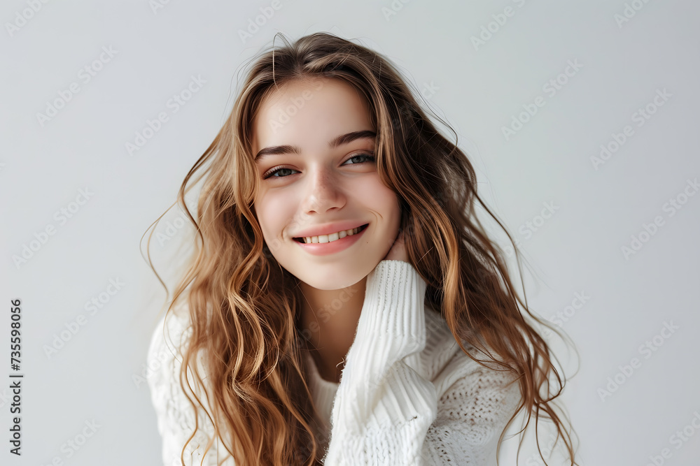Portrait of happy woman wear white sweeter looks in camera isolated on white background Portrait of happy woman wear white sweeter looks in camera isolated on white background