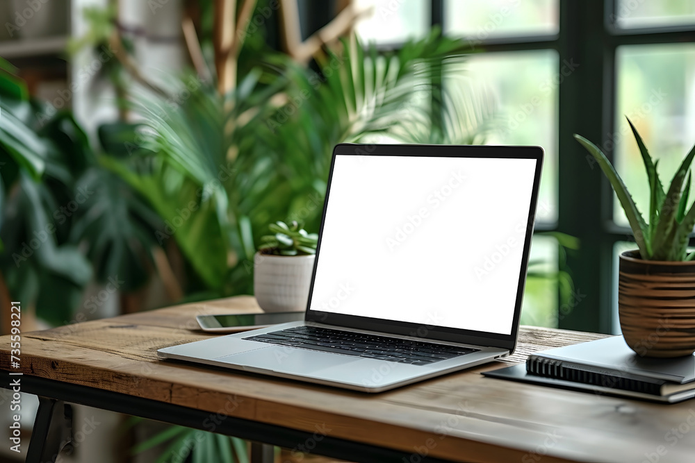 Wooden Desk Minimalistic Laptop Screen Mockup Side angle Wooden Desk Minimalistic Laptop Screen Mockup Side angle