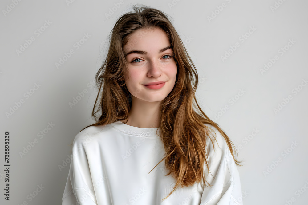 Portrait of happy woman wear white sweeter looks in camera isolated on white background Portrait of happy woman wear white sweeter looks in camera isolated on white background
