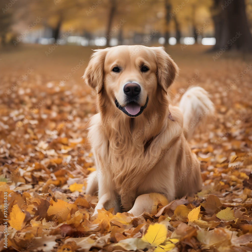 Happy Golden Retriever playing fetch in a vibrant autumn park.