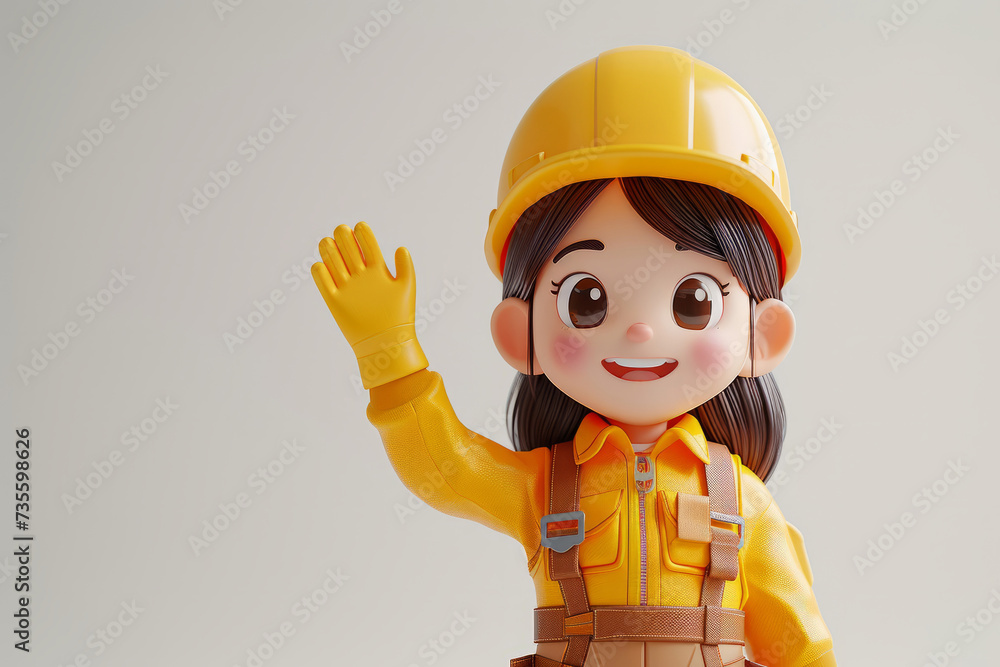 A cute 3D style character of a friendly female construction worker waving A cute 3D style character of a friendly female construction worker waving