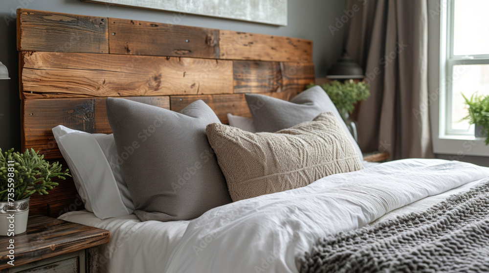 A closeup of a reclaimed wood headboard featuring varying shades of wood and an aged patina that adds character to the bedroom. A closeup of a reclaimed wood headboard featuring varying shades of wood and an aged patina that adds character to the bedroom.