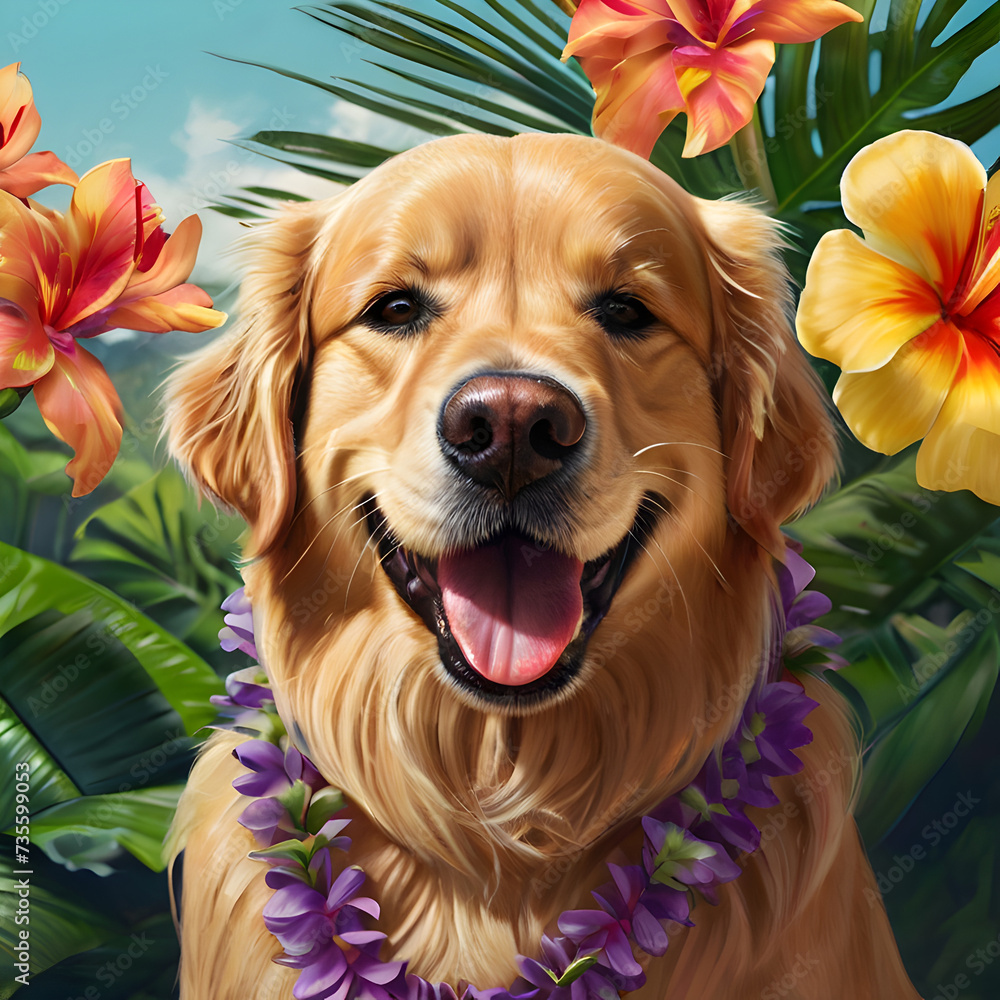 Golden Retriever wearing sunglasses and a Hawaiian lei, ready for a summer adventure.