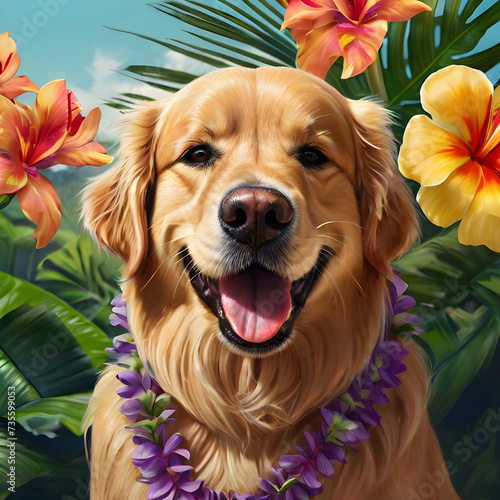 Golden Retriever wearing sunglasses and a Hawaiian lei, ready for a summer adventure.