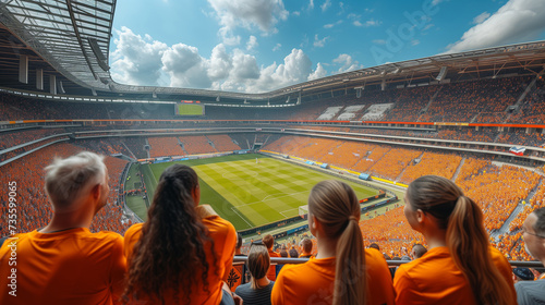 supporters of the Dutch football team in a football stadium, supporters of the Netherlands in a stadium, fans at a soccer game, European Championship or world cup concept wk and ek photo