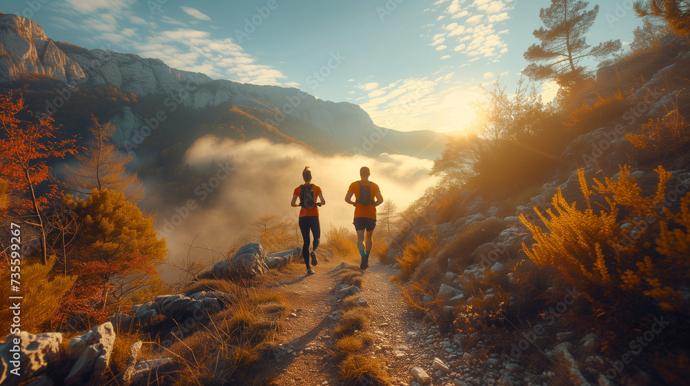 Young people trail running on a mountain path. Two runners working out in morning at sunrise with fog