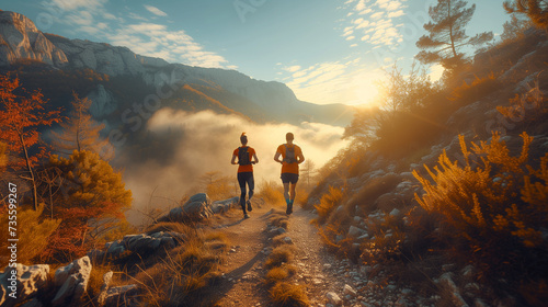 Young people trail running on a mountain path. Two runners working out in morning at sunrise with fog photo
