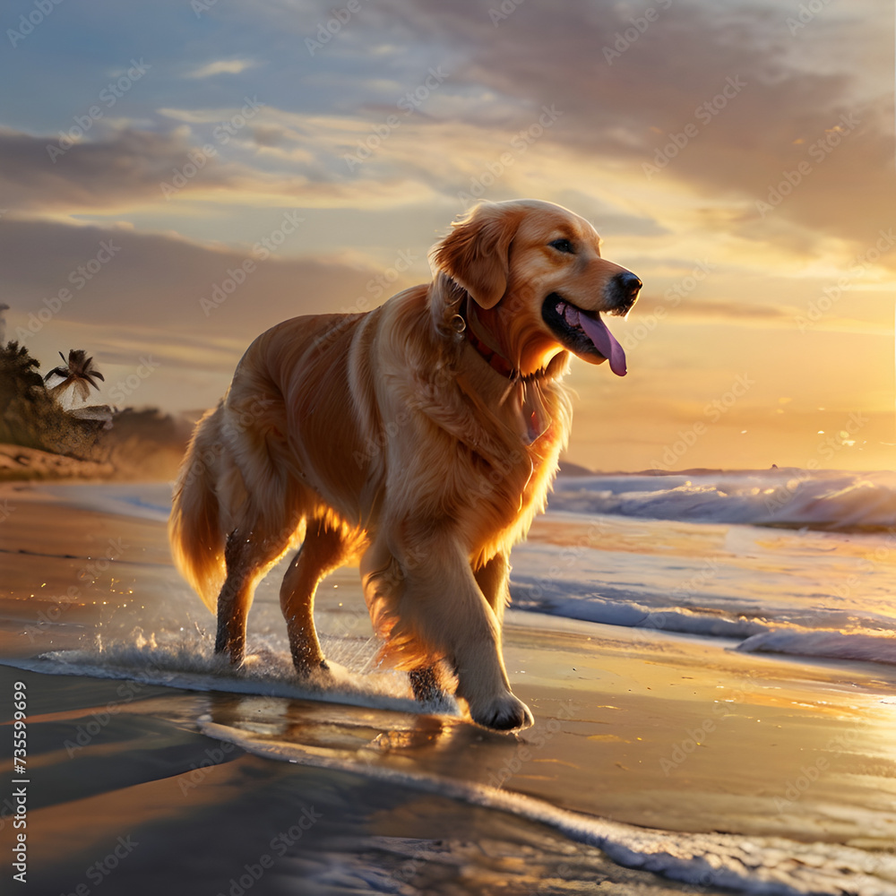 Golden Retriever enjoying a sunset beach walk 