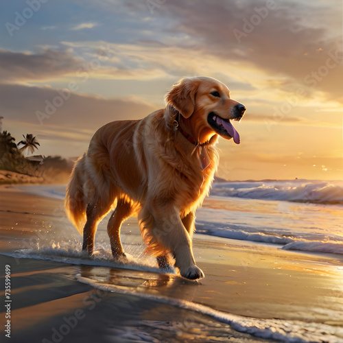 Golden Retriever enjoying a sunset beach walk 