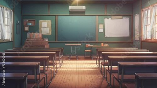 Animated illustration of a blackboard in a classroom with an educational theme. Digital painting or cartoon anime style, animated background. 4k loop background. photo