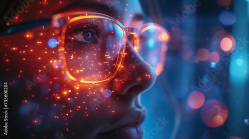 woman with glasses and reflection of computer code, Macro view into the eye of a computer hacker as he monitors a computer screen. Female using internet, reading, watching, styding, analizing, working photo