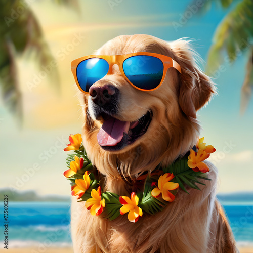 Golden Retriever wearing sunglasses and a Hawaiian lei, ready for a summer adventure.