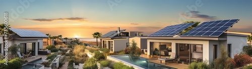 Eco-friendly house design ideas on the roof with solar panels, renewable electricity, environmentally friendly