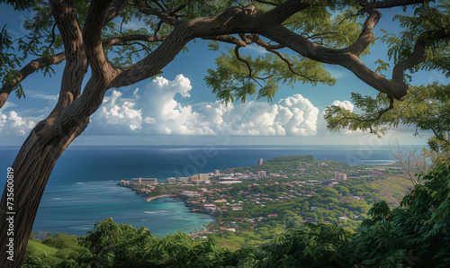 panoramic view of an island getaway vista as seen from the top of a mountain photo