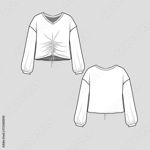 knotted Hem Crop top v neck Drop Shoulder long Sleeve Gathering shirred ruched Hem knot Fashion flats t shirt top fashion neck detail flat sketch technical drawing template