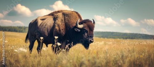 Majestic bison standing alone in the beautiful golden field of tall grass under the clear blue sky