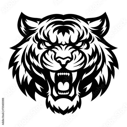 Angry roaring tiger head, logo and tattoo design, vector illustration.