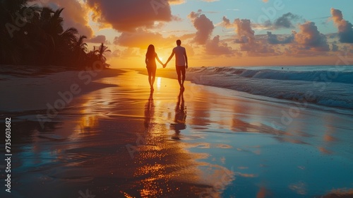 A couple holding hands as they wander along the beach at sunset their silhouettes fading into the warm colors of the sky in search of treasures hidden a the sand.