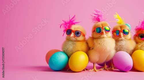 A Group of Funny Chicks with Easter Eggs